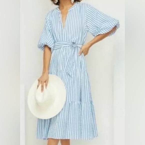 Roller Rabbit Blue White Stripe Tiered Seersucker Midi Dress Puff Sleeve Medium